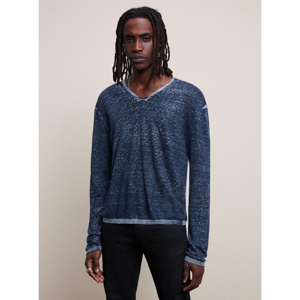 JOHN VARVATOS Linen V-Neck Sweater in Petrol Blue Size L Thin Lightweight